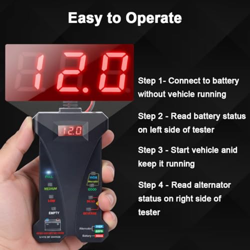 Image of STHIRA 12V Digital Car Alternator Battery Tester LED Display Status Indicators Alligator Clips Reverse Polarity Protection Quick Diagnostics for Cars Motorcycles Boats Battery Voltage Meter