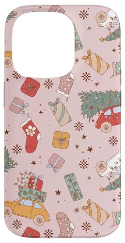 Retro Christmas Santa Trees Checker Snowflakes Pink X}zP[X iPhone 14 Pro p