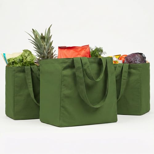 VeraMia Canvas Grocery Bag 3pc Jumbo Set with Real Pockets, Long Shoulder Strap and Short Handle. Reusable Shopping Bags for Groceries Heavy Duty, Foldable, Washable, Grocery Tote Bag (Forest Green)
