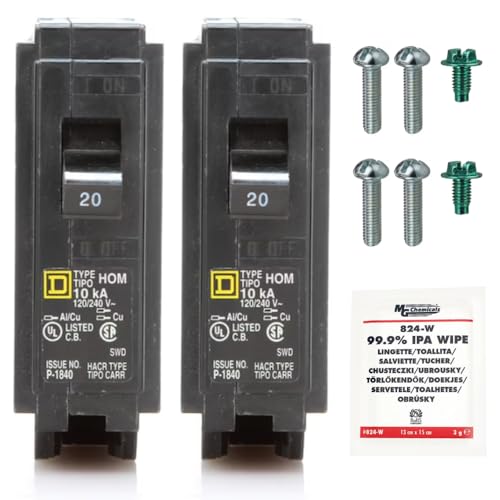 FalconSupply Genuine Square D HOM120 Circuit Breaker Kit Bundle (2 Pack), 20 Amp (20A) Single Pole, 120V, 10kAIC, UL Listed, Plug-On for Homeline Load Centers & Panel Box, New Replacement