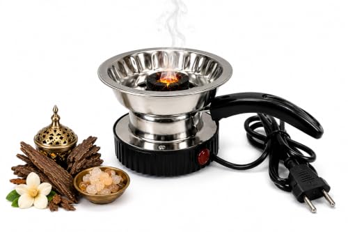 BRILORA Electric Dhoop Dani Camphor Burner with Handle, Smokeless Loban and Bakhoor Incense Burner, Aroma Diffuser with Night Lamp for Pooja Room, Home, Office and Temple