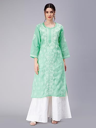 Image of Seva Chikan Hand Embroidered Lucknowi Chikankari Appricot Cotton Kurta Kurti for Women SCL4321