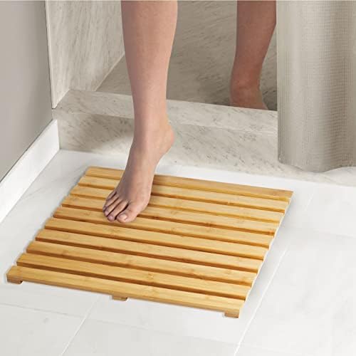 mDesign Wooden Shower Mat  Bamboo and Plastic Bath Mat for Shower, Spa and Sauna  Anti-Slip Natural Shower Mat  Natural Bamboo
