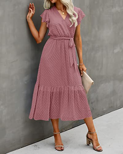 Image of BTFBM Women Summer Bohemian Floral Casual Wrap V Neck Ruffle Cap Sleeveless Belt A-Line Pleated Hem Midi Sun Dress White