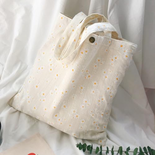 Image of Women's Floral Embroidered Tote Bag with Pocket flowers embroidery crossbody shoulder bag beach cute handbag canvas