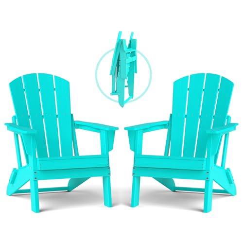Image of Folding Adirondack Chair Set of 2, Lightweight-Portable HDPE Patio Chair, All-Weather Space-Saving Foldable Fire Pit Seating for Camping, Backyard, Deck-Aruba Blue