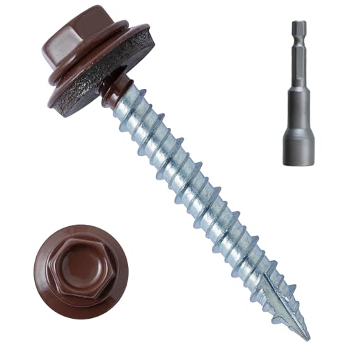 LIONMAX Metal Roofing Screws #10 × 1-1/2 Inch, 300-PCS, Brown Painted Hex Head Sheet Metal Roof Screws, Rubber Washer, Sharp Point, Metal to Wood Siding Screws, Hex Socket Included