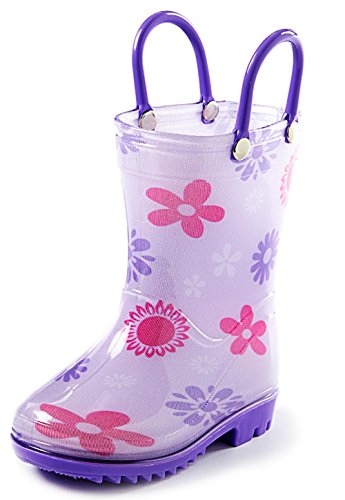 Puddle Play Toddler and Kids Rain Boots with Easy On Handles â€“ Little Kid Size 12 - Girls Purple Flowers Design
