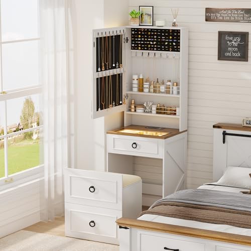 Lvifur 3-in-1 Vanity Desk with Mirror and Lights, Small Compact Makeup Vanity Set with Hidden Storage Stool, Modern Glass Top Dressing Table with Wheels & Charging Station (White)