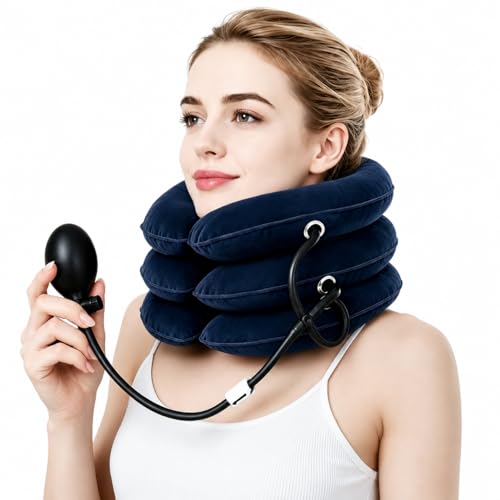 Image of Cervical Neck Traction Device for Home Use, 3-Layer Inflatable Neck Stretcher with Adjustable Air Pressure and Hand Pump, Portable Cervical Decompression Device