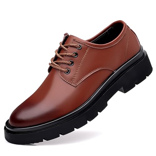 Image of Men's Vintage Leather Lace Up Platform Oxfords Shoes Black Round Toe Soft Rubber Sole Non-Slip Waterproof Business Formal Derby Dress Shoes