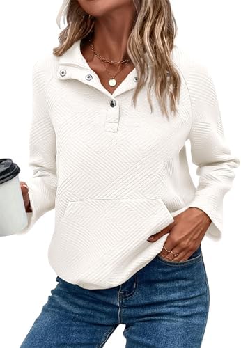 KIRUNDO Womens Sweatshirt Casual Textured Long Sleeve Henley Button V Neck Loose Pullover 2025 Trendy Fall Outfits Tops