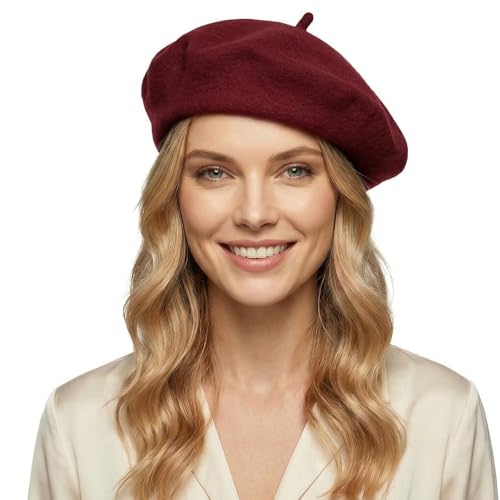 Lafefe Wool Beret hat Women Female Autumn and Winter England Retro Hundred with Autumn Candy Colour Painter Octagonal Beret - Claret