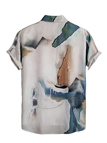 Romwe Men's Striped Short Sleeve Regular Fit Button Down Shirts Beige Graphic M #TOP1