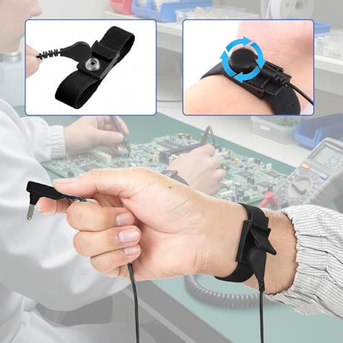 Image of Grounding Wristband & Cable - ESD Wrist Strap Kits Compatible with TENS EMS Units, Wrist Circumference 7 inch, 15 Feet Length Cable (Black)