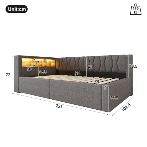 Sofá cama gris de 90 x 200 para habitaciones juveniles con estantería 3