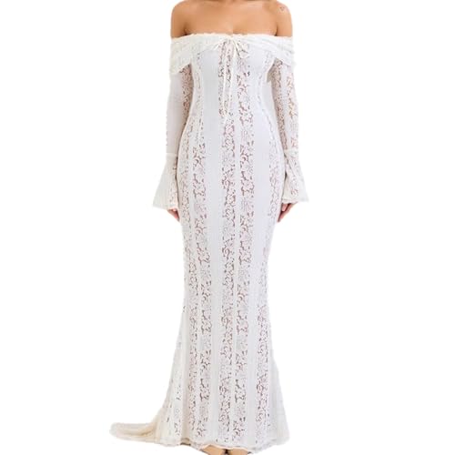 Women's Elegant and Sexy Dress, American Socialite Banquet Style one Neck Flared Sleeve lace Dress with Lining