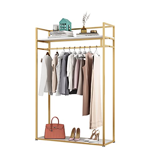 Heavy Duty Clothing Rack with Shelves for Hanging Clothing, Gold Metal Freestanding Garment Rack for Retail Display (47.24" L)