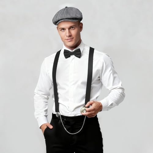 Image of BABEYOND 1920s Mens Gatsby Gangster Costume Accessories Set 30s Manhattan Fedora Hat Bow Tie Suspenders