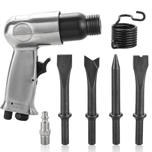 AMGSH 150mm Air Hammer Kit, 4500 BPM Pneumatic Hammer with 4 Chisels (Taper Punch, Panel Cutter, Flat & Spot Weld Chisels), Spring & Fitting – Air Shovel Tool for Automotive & Metal Work