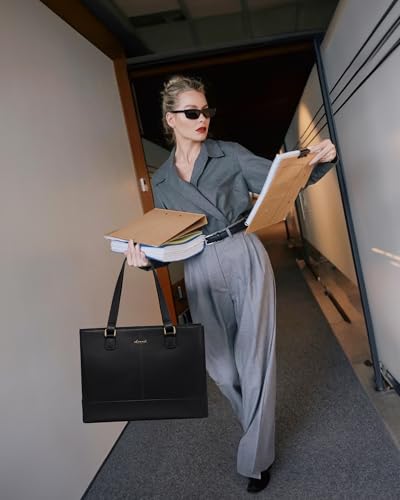 LOVEVOOK Laptop Tote Bag for Women 15.6 Inch Work Bag Leather Laptop Purse with Clutch, Large Computer Briefcase Bag for Office Business Teacher Black2