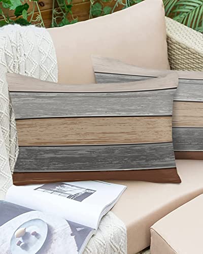 Outdoor Pillow Covers Waterproof, Rustic Barn Wood Ombre Ground Coffee All Weather Cushion Case Set of 2, Retro Brown Grey Art Lumbar Pillowcase for Sofa Couch Bed Decor Patio Furniture 20