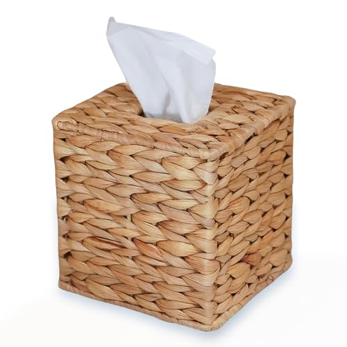 PINXIURY Water Hyacinth Handwoven Tissue Box Cover, Natural Handmade Wicker Napkin Box Holder, Handcrafted Square Facial Tissue, Rustic Decorative on Table and Bathroom, Office, Boho Decorative by PINXIURY - Used condition - US$12.94