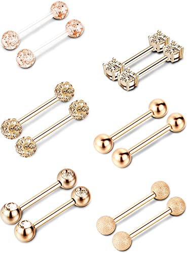 6 Pairs Nipple Tongue Ring Stainless Steel Barbell Rings Cubic Zirconia Nipplerings Body Piercing Jewelry, 14 Gauge (Rose Gold)