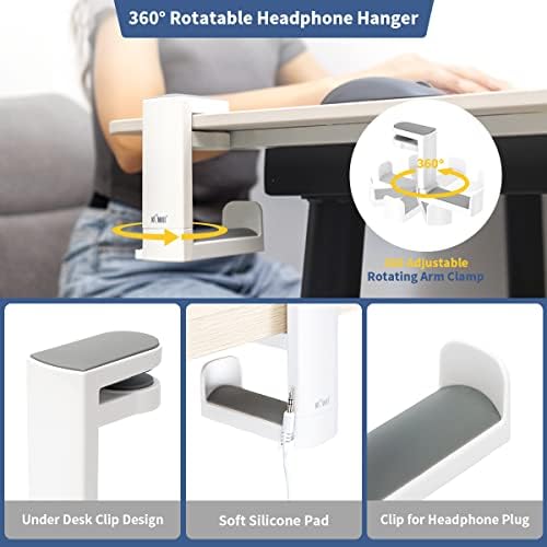 KIWIFOTOS Under Desk Headphone Stand Holder, PC Gaming Headset Hook Hanger Mount with 360 Adjustable Rotating Arm Clamp & Built in Cable Clip - White