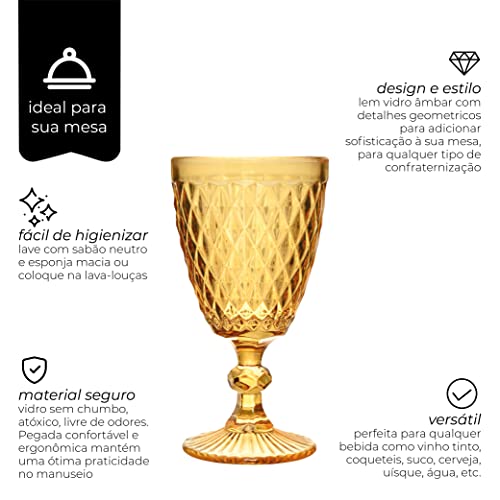 Mimo Style Jogo de 6 Taças de Vidro Âmbar com Capacidade de 240ml com Alto Relevo e Aparencia Diaman