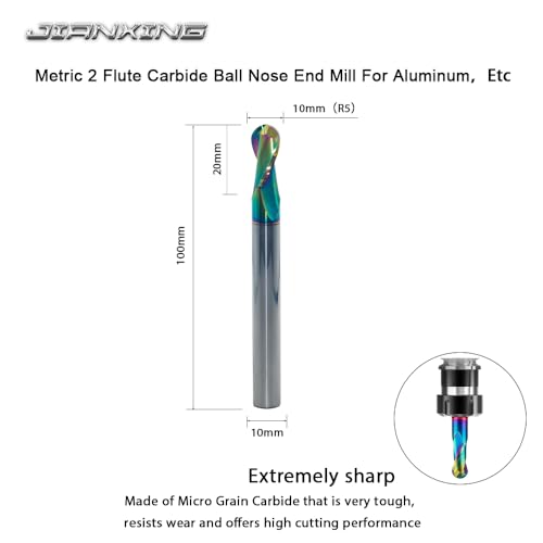Image of 10mm R5 Extra Long DLC Coated 2-Flute Carbide Ball Nose End Mill, 100mm OAL, Ideal for Aluminum, Copper Alloys & Plastic Machining-High Precision & Wear-Resistant Cutting Tool(1 Pack)