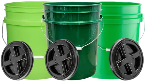 House Naturals 5 Gallon Plastic Green Bucket with Screw on Lid, Food Grade containers, Made in USA pails, Pack of 3