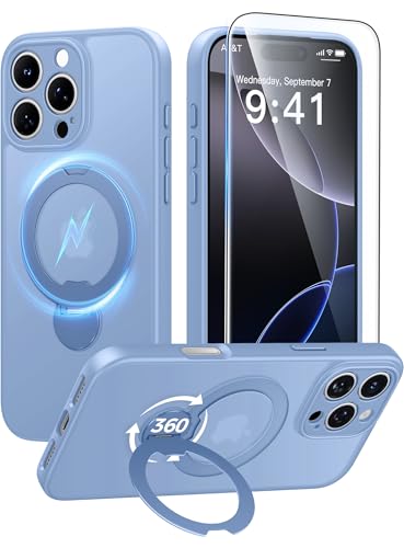 Image of FNTCASE for iPhone 16 Pro-Max Case: [360 Spin Magnetic Stand] [Compatible with Magsafe] [Screen Protector] Translucent Matte Military Grade Shockproof Full Camera Protective Phone Cover - Light Blue