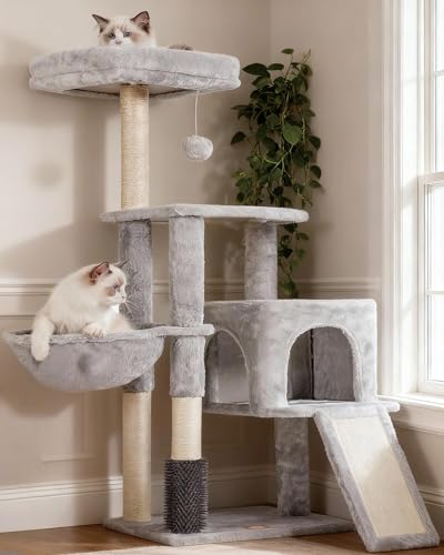 Heybly Cat Tree with Self Groomer Brush, 108cm Cat Tower Condo for Indoor Cats with Cat Scratching Post & Board, Kitty House with Padded Plush Perch and Basket, Light Gray HCT005SW