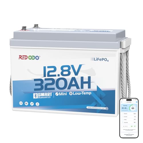 Redodo 12V 320Ah Batería LiFePO4 con Bluetooth, Batería Litio 189 mm de Ancho para el Espacio Bajo Asientos, BMS 200A, 4