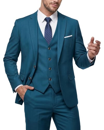 MY'S Herren 3-teiliges Slim-Fit-Anzug-Set mit Krawatte, 2-Knopf-Blazer-Jacke, Weste und Hose, Business, Hochzeit, Party, Abschlussball, Anzug für Herren, Hell, blau, XS