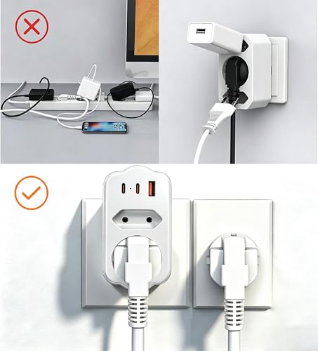 Podwójna wtyczka do gniazdka PD, 20 W, USB C, RAVPHICS 5 w 1, 4000 W/16 A, z 3 gniazdami USB, listwa zasilająca, listwa zasilająca z wieloma gniazdami USB C, bez kabla, kolor biały