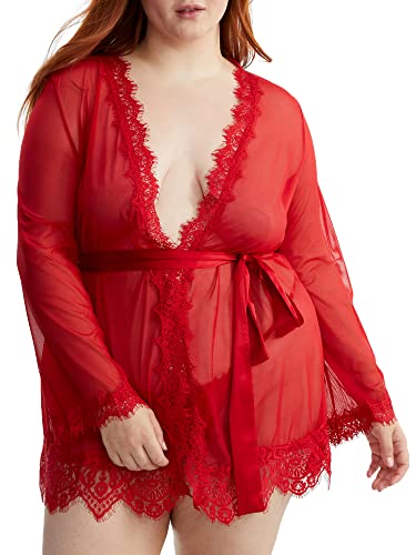 Oh La La Cheri - Provence Eyelash Lace Robe With Satin Sash + G-String - Large/X-Large - Red