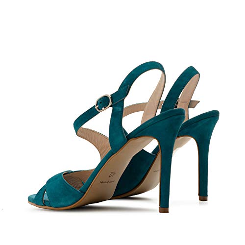Andrés Machado - Sandalias de tacón de Aguja y Tiras para Mujer - Valentina - Cuero Ante Color Azul - Talla EU 43 Cover