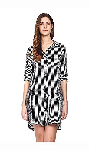 Bonamaison Vestido Camisero de Lino Puro a Rayas Casual Dress, Blanco Negro, S Womens Cover