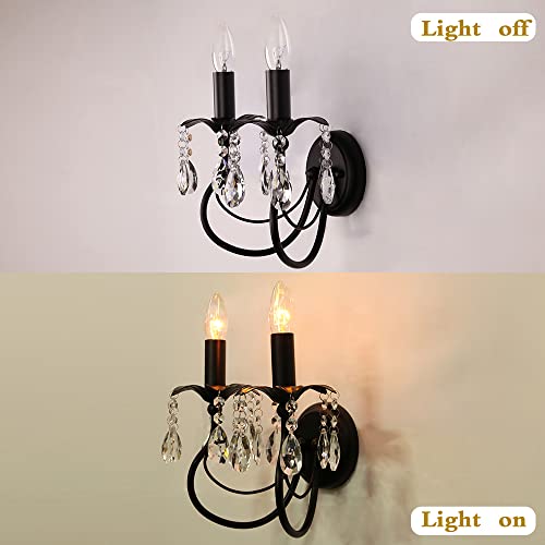 Image of 2-Light Vintage Crystal Wall Sconce, Antique Wall Lights with Black Finish for Bedroom Bedside Living Room, Victorian Candle-Style