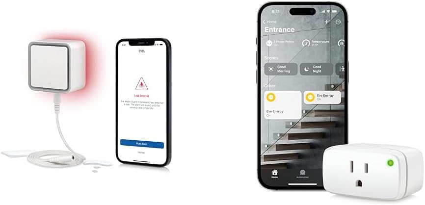 Eve Water Guard - Smart Home Water Leak Detector, 6.5 ft Sensing Cable, 100 dB Siren & Energy (Matter) - Smart Plug, App and Voice Control, 100% Privacy, Matter Over Thread, Works