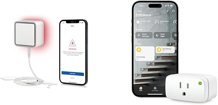 Eve Water Guard - Smart Home Water Leak Detector, 6.5 ft Sensing Cable, 100 dB Siren & Energy Matter - Smart Plug, App and Voice Control, 100% Privacy, Matter Over Thread, Works