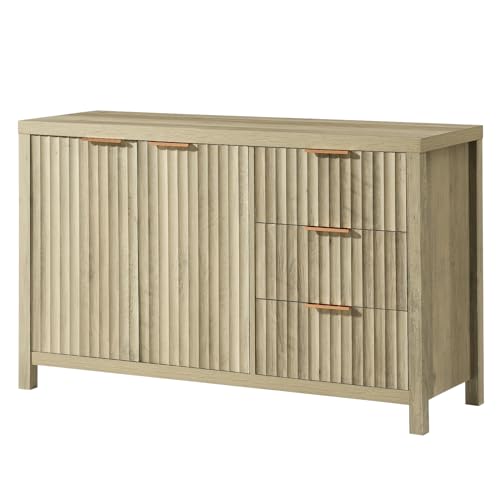 Buffet Cabinet with Storage Fluted Sideboard with 2 Doors 3 Drawers Modern Credenza Accent Cabinets for Living Room Kitchen Hallway,Adjustable Shelves (Natural)