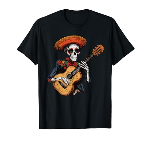 Mexican Skeleton Playing Guitar Viva Mexico Independence T-Shirt