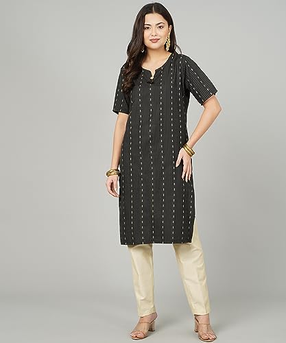 Image of Cotton Dobby Woven Design V- Neck Elbow Sleeves Knee Length Kurta for Women's