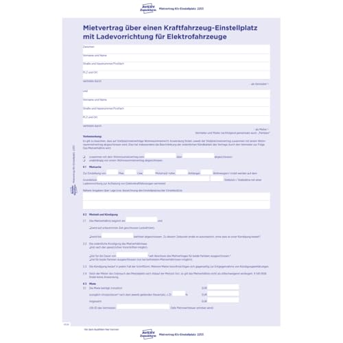 AVERY Zweckform 2253-5 Mietvertrag KFZ-Stellplatz mit Ladevorrichtung für Elektrofahrzeuge (Stellplatzmietvertrag für E-Auto 4-seitiges Formular im A4-Bogenformat, Garage mit Lademöglichkeit) 5 Stück