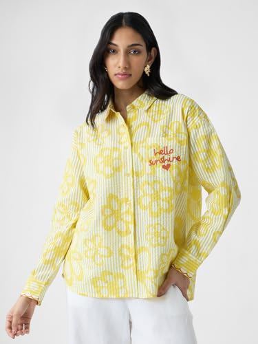 Image of The Souled Store Hello Sunshine Women and Girls Long Sleeves Collared Neck Button Front Yellow Embroidered Cotton Boyfriend Shirts