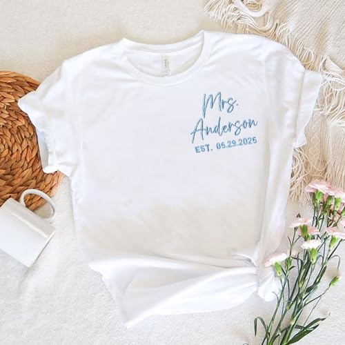 NAZENTI Personalized Embroidered Bride Sweatshirt, Mrs. Shirts Gifts, Bridesmaid Tshirt, Bridal Shower, Bachelorette, Wedding4