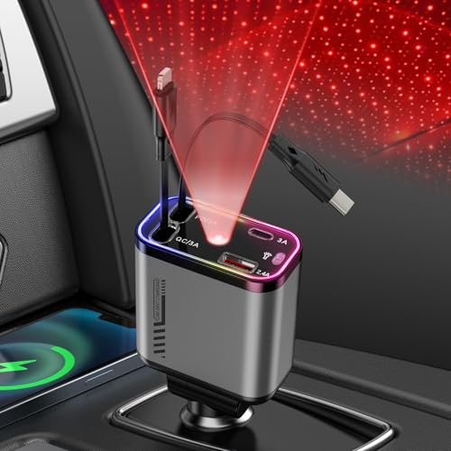 4 IN 1 Zigarettenanzünder USB C Auto Ladegerät Sternenhimmel Auto 69W USB Adapter Auto Schnellladegerät mit einziehbare Typ-C Kabel/USB C/USB A,24/12V KFZ Ladegerät Auto für iPhone/Samsung/Huawei Mate